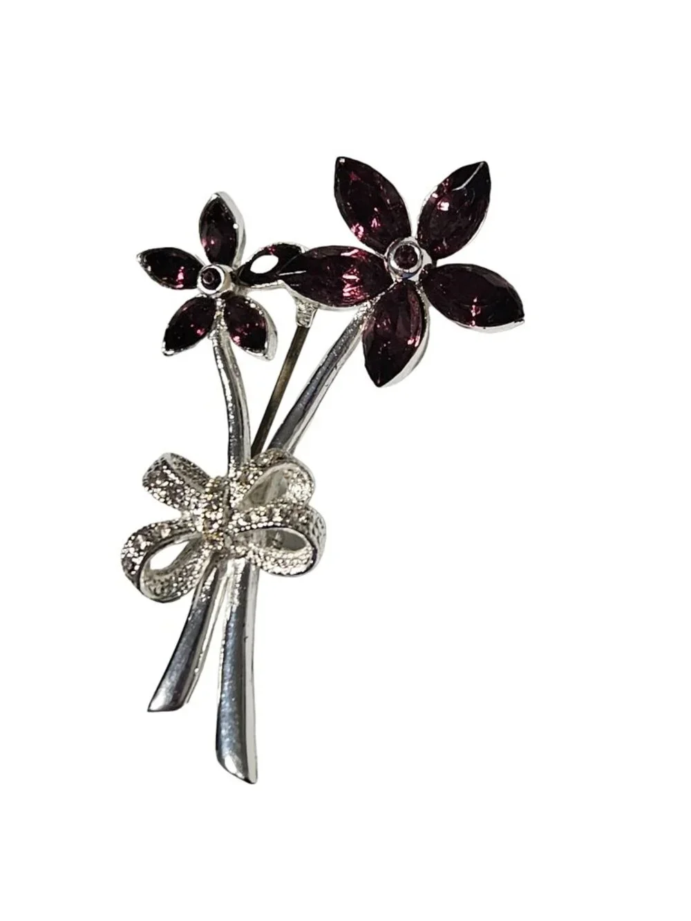 Vintage Pin Purple Flower Silver Tone Rhinestone Brooch Floral Fashion Jewelry